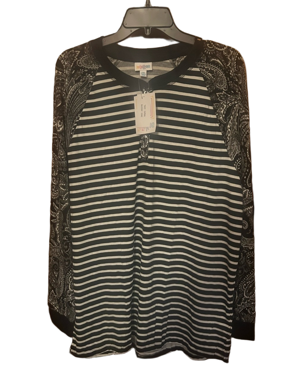 LuLaRoe Black & White Striped Henley with Paisley Raglan Sleeves Mark - 2XL